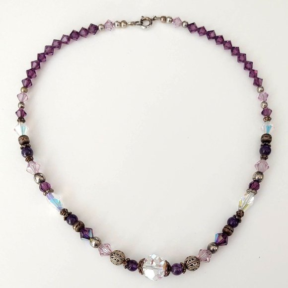 Purple and clear glass necklace with silver accents - Picture 9 of 12